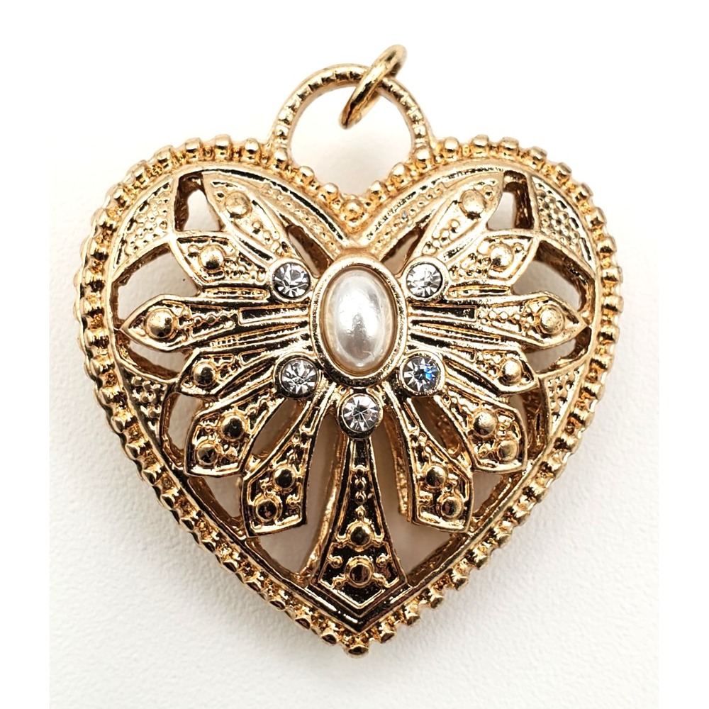 Vintage Heart Pendant Filigree Faux Pearl Rhinestone Gold Tone